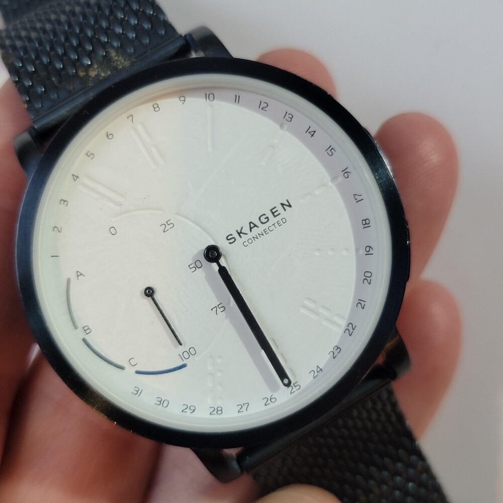 Skagen Connected Mens Watch Black Stainless Case White Dial Black Mesh Band